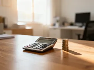 Kalkulator i monety na biurku, symbolizujące obliczanie wynagrodzenia i planowanie finansów osobistych.