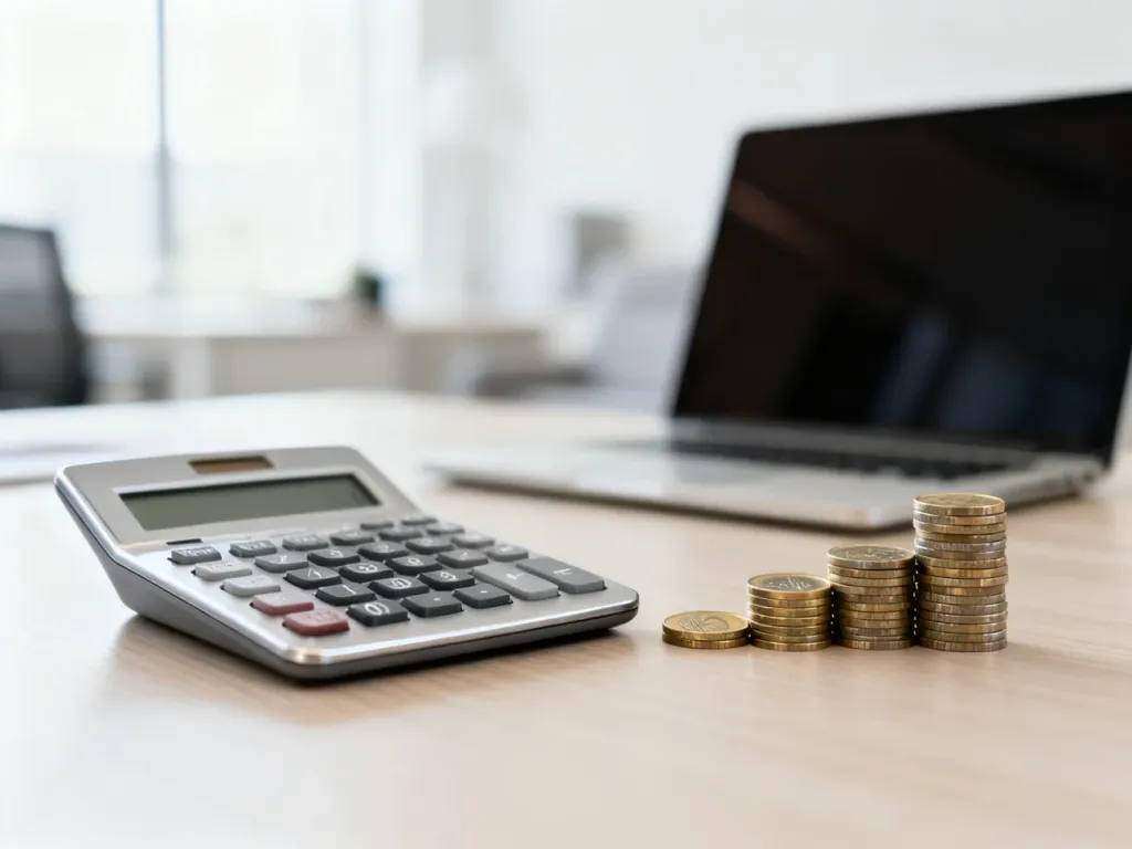 Kalkulator i monety na biurku, symbolizujące obliczanie wynagrodzenia i planowanie finansów osobistych.