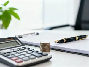 Kalkulator, notatnik i pióro na biurku, symbolizujące profesjonalne obliczenia wynagrodzenia i planowanie finansów.