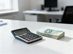 Kalkulator, banknoty i długopis na biurku, symbolizujące obliczenia finansowe i planowanie budżetu domowego.