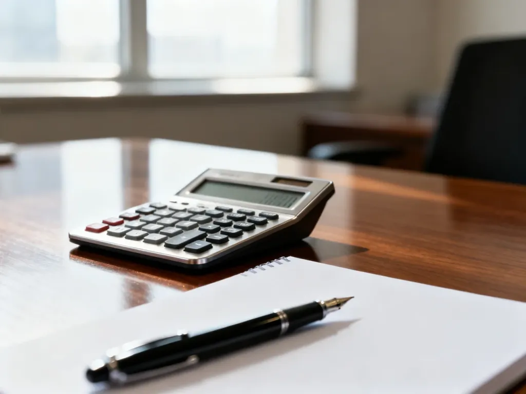 Kalkulator, notatnik i pióro na biurku, symbolizujące profesjonalne obliczenia wynagrodzenia i planowanie finansów.