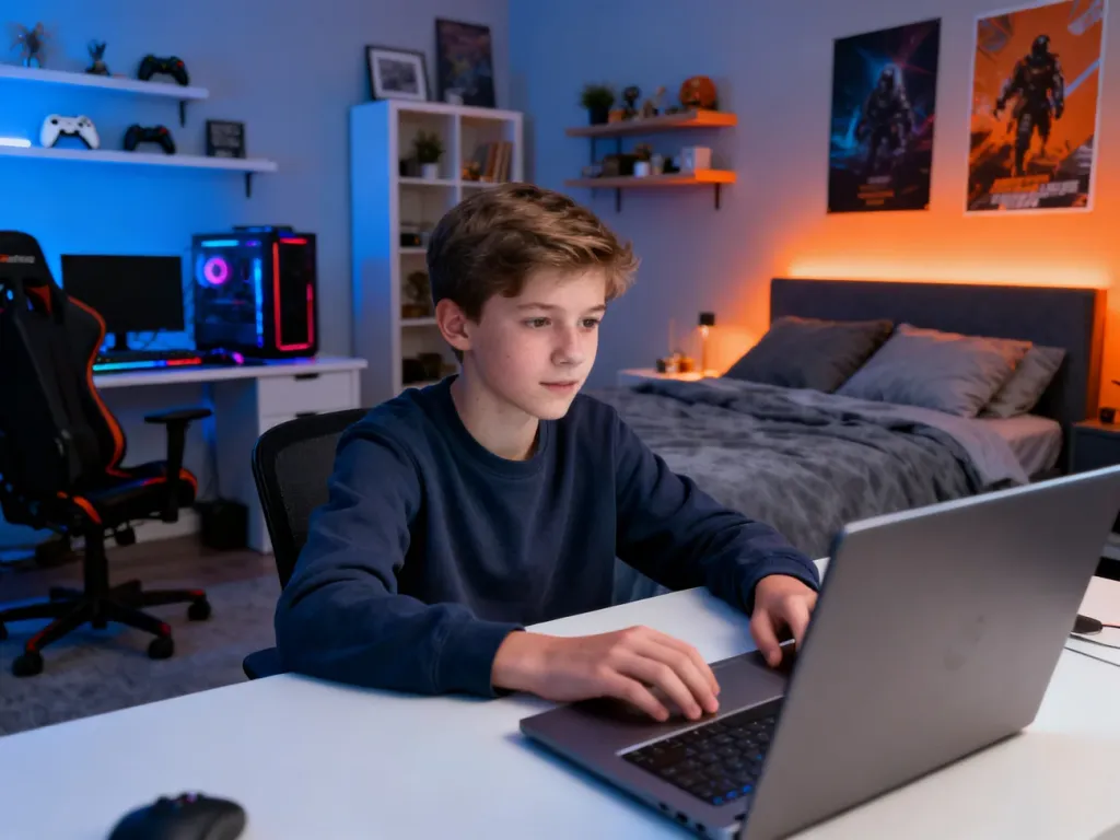 Nowoczesny pokój młodzieżowy z biurkiem, stanowiskiem gamingowym i nastolatkiem pracującym przy laptopie.