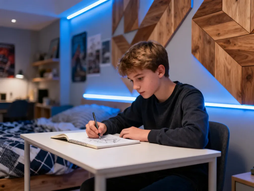 Nowoczesny pokój młodzieżowy z geometryczną ścianą dekoracyjną i nastolatkiem rysującym przy biurku.